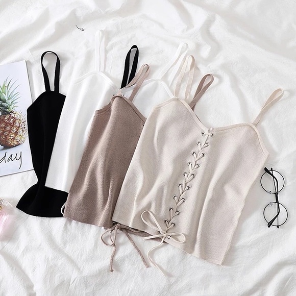 Lace up crop top knit tank top cream beige womens summer tops - Picture 2 of 2